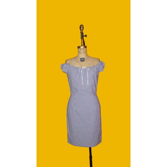 Y2K ALLEN B SCHWARTZ GINGHAM Off Shoulder Puff Sleeve Dress W/Adjustable Tie S-M - Picture 3 of 10